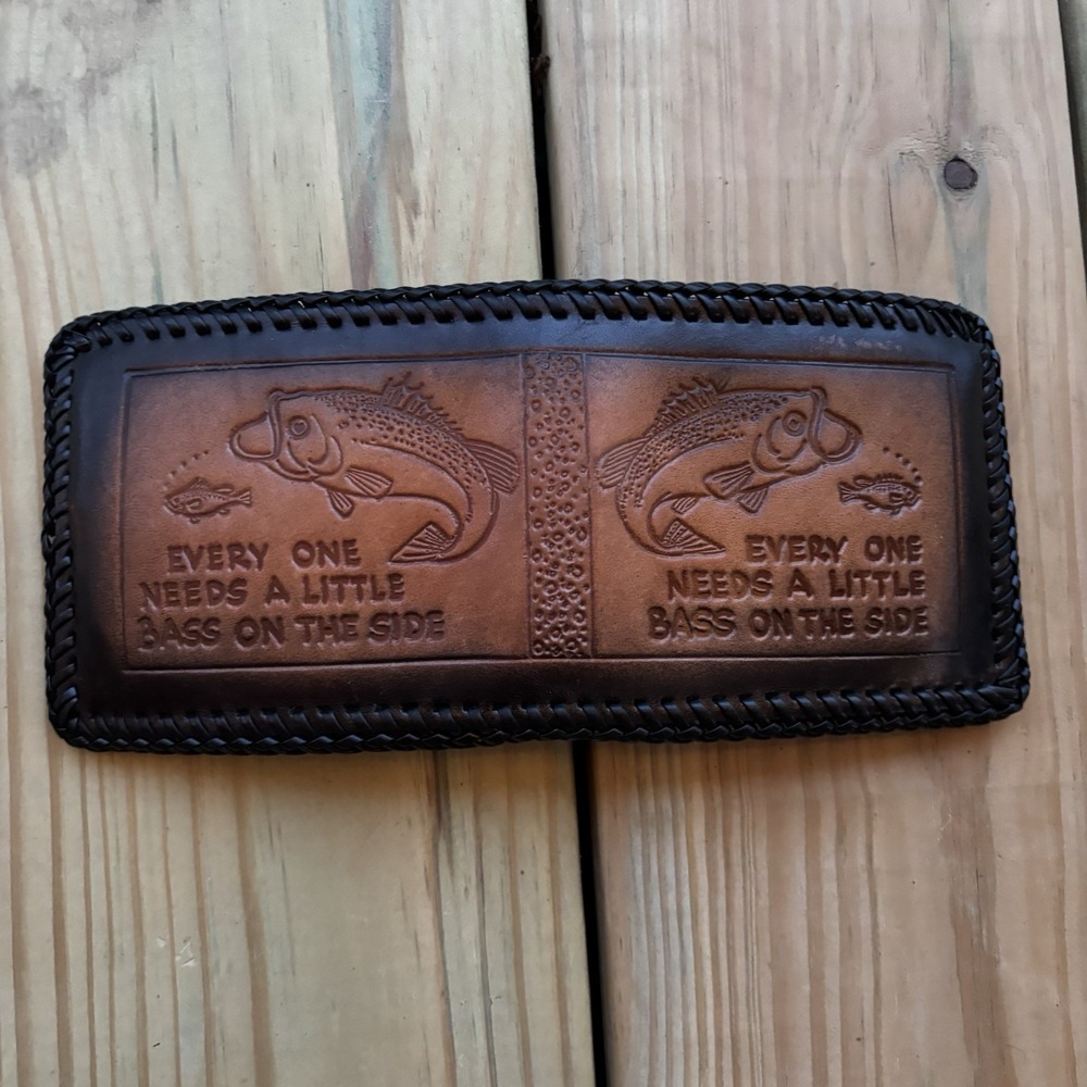 Vintage Fisherman Leather Wallet Bass Hand Tooled Bi-fold Whipstitch USA Made
